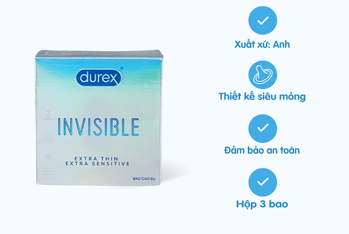 Bao cao su Durex Invisible Extra Thin Extra Sensitive siêu mỏng, vừa vặn và ôm sát (3 cái)