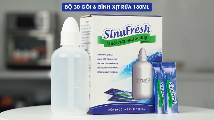Muối rửa mũi xoang SinuFresh Cát Linh dùng cho khô mũi, ngạt mũi, chảy nước mũi (30 gói + 1 chai 180ml)