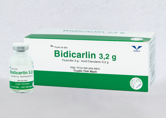 Bidicarlin 3,2g BIDIPHAR  điều trị nhiễm khuẩn huyết, viêm phổi, nhiểm khuẩn sau bỏng (Hộp 10 lọ)