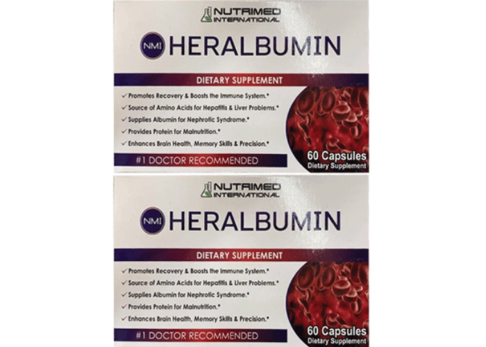 Thuốc Heralbumin Nutrimed International điều trị suy gan, suy thận (Hộp 1 lọ 60 viên nang)