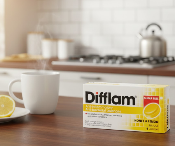 Viên ngậm kháng viêm Difflam vị chanh, mật ong giảm đau họng (Hộp 1 Vỉ x 8 Viên)